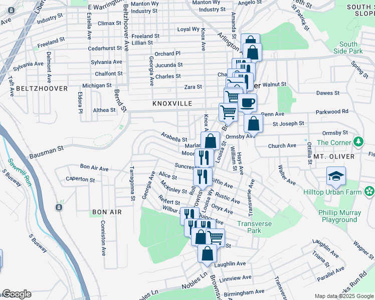 map of restaurants, bars, coffee shops, grocery stores, and more near 225 Moore Avenue in Pittsburgh