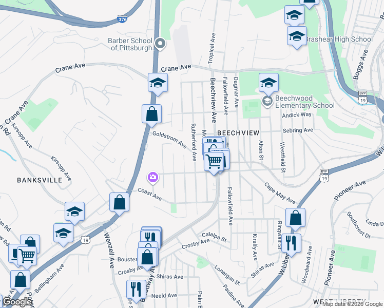 map of restaurants, bars, coffee shops, grocery stores, and more near 1533 Rutherford Avenue in Pittsburgh