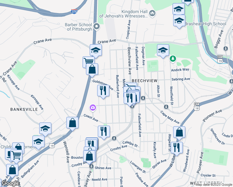 map of restaurants, bars, coffee shops, grocery stores, and more near 1533 Rutherford Avenue in Pittsburgh