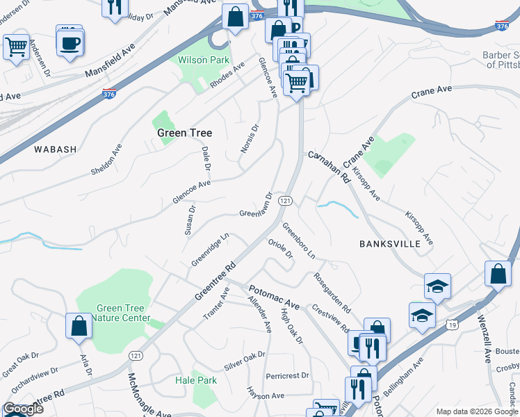 map of restaurants, bars, coffee shops, grocery stores, and more near 1083 Greenlawn Drive in Pittsburgh