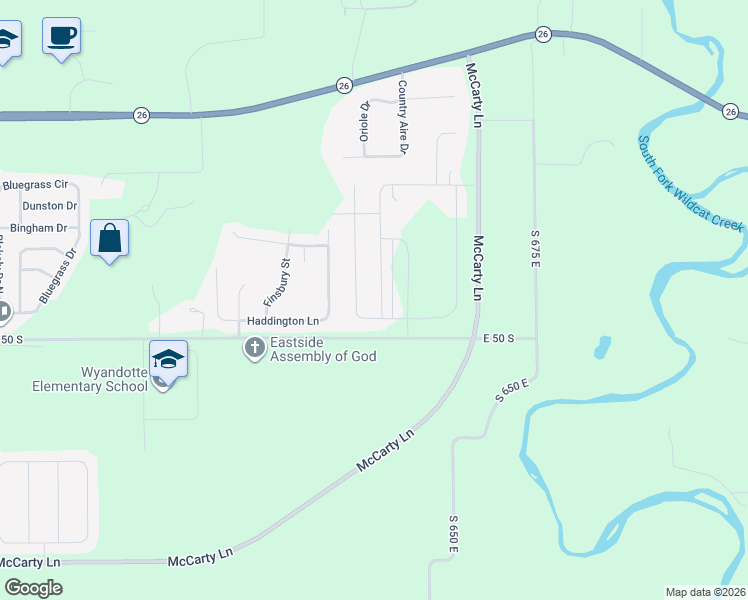 map of restaurants, bars, coffee shops, grocery stores, and more near 6473 East 50 South in Lafayette