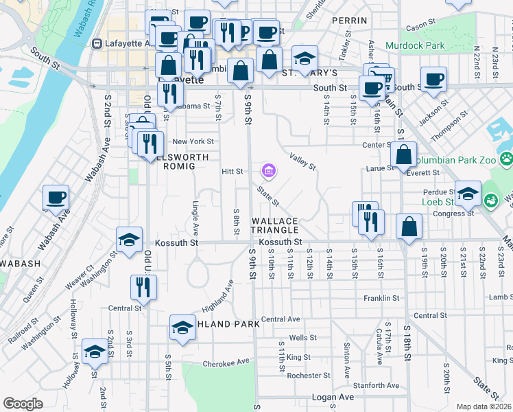 map of restaurants, bars, coffee shops, grocery stores, and more near 525 South 9th Street in Lafayette