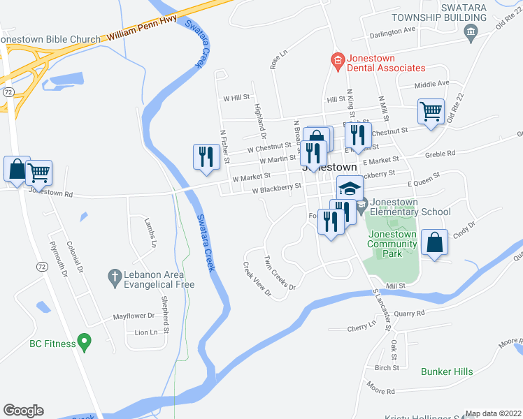 map of restaurants, bars, coffee shops, grocery stores, and more near 20 Williamsburg Drive in Jonestown