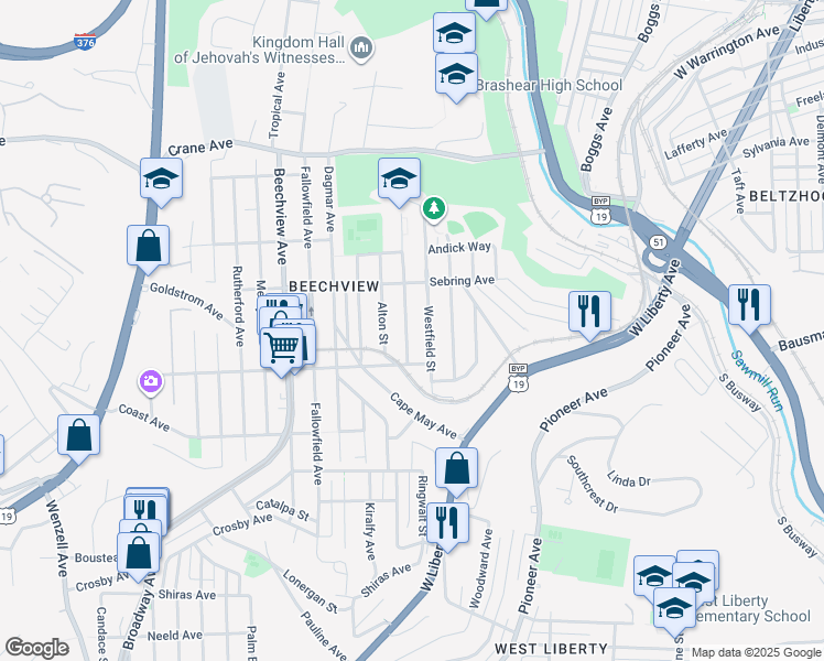 map of restaurants, bars, coffee shops, grocery stores, and more near 1515 Rockland Avenue in Pittsburgh