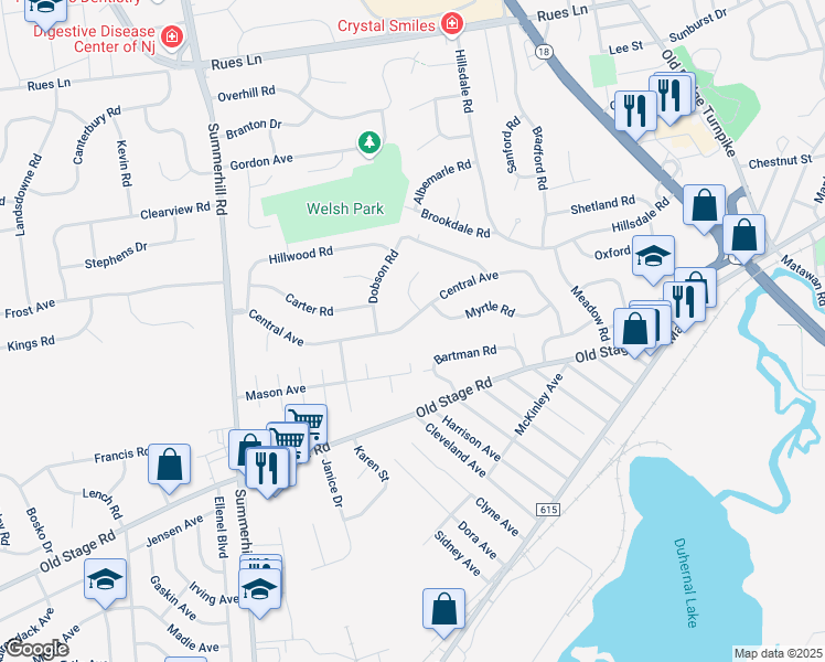 map of restaurants, bars, coffee shops, grocery stores, and more near 54 Central Avenue in East Brunswick