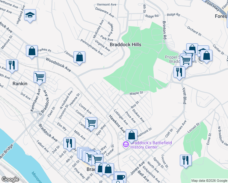 map of restaurants, bars, coffee shops, grocery stores, and more near 1013 Highland Street in Braddock