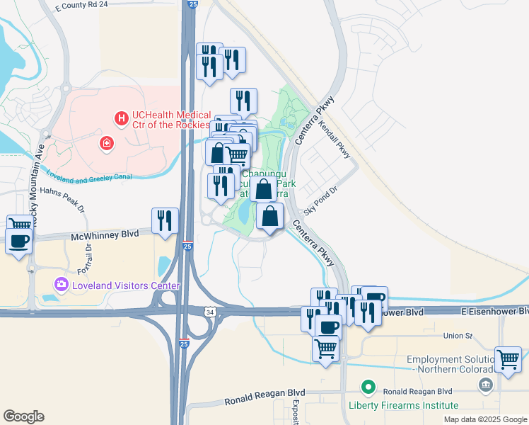 map of restaurants, bars, coffee shops, grocery stores, and more near 6125 Sky Pond Drive in Loveland