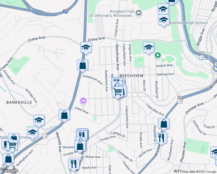map of restaurants, bars, coffee shops, grocery stores, and more near 1527 Rutherford Avenue in Pittsburgh