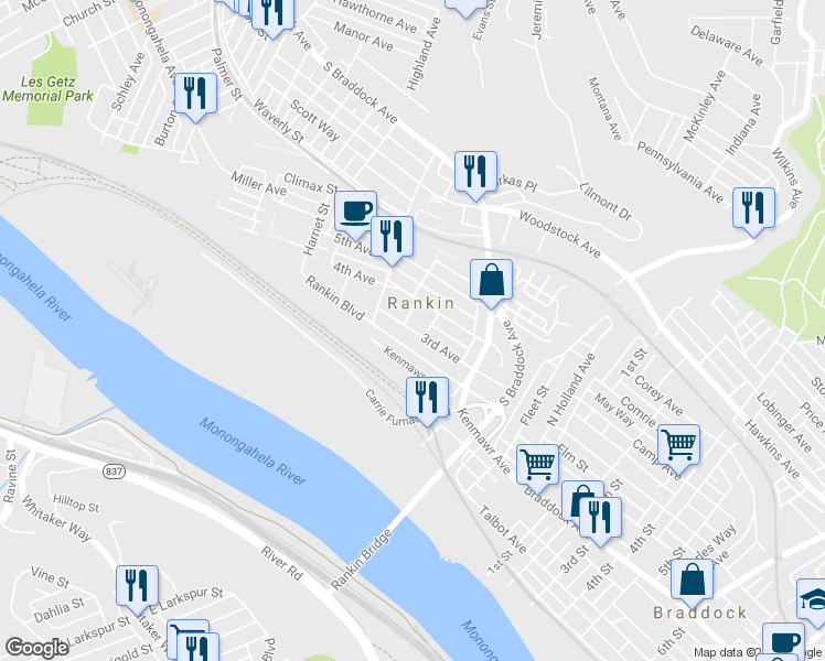 map of restaurants, bars, coffee shops, grocery stores, and more near 209 3rd Avenue in Rankin