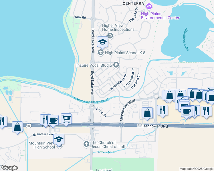 map of restaurants, bars, coffee shops, grocery stores, and more near 4061 Temple Gulch Circle in Loveland