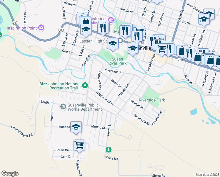 map of restaurants, bars, coffee shops, grocery stores, and more near 429 Minckler Avenue in Susanville