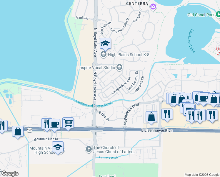 map of restaurants, bars, coffee shops, grocery stores, and more near 4029 Temple Gulch Circle in Loveland