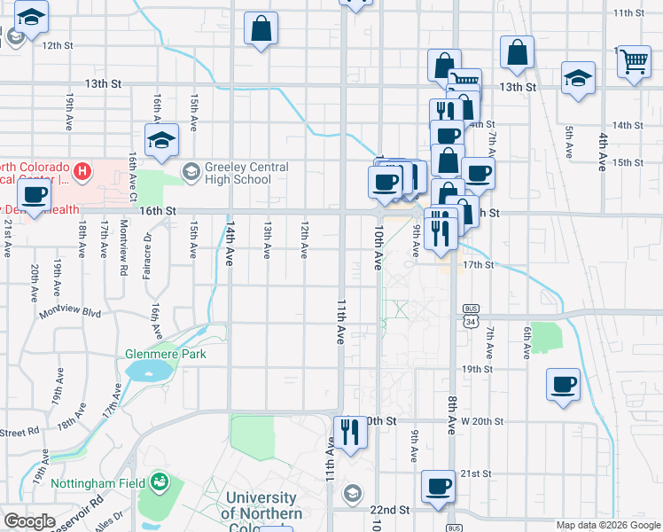 map of restaurants, bars, coffee shops, grocery stores, and more near 1727 11th Avenue in Greeley