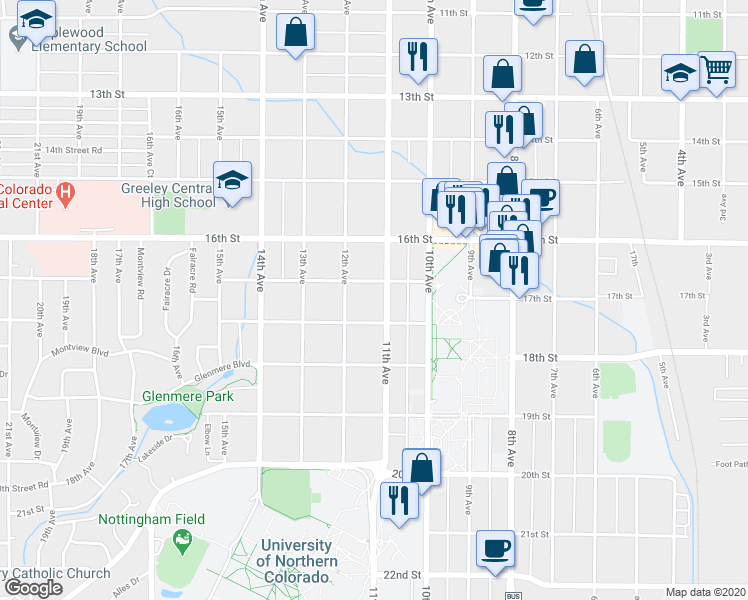 map of restaurants, bars, coffee shops, grocery stores, and more near 1727 11th Avenue in Greeley