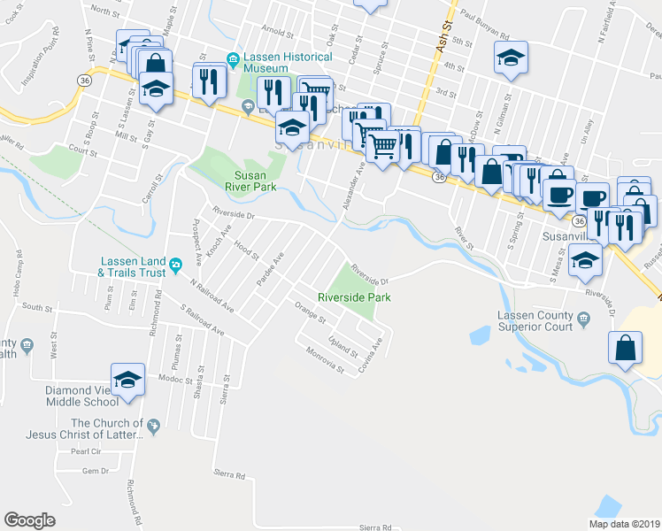 map of restaurants, bars, coffee shops, grocery stores, and more near 330 Limoneria Avenue in Susanville