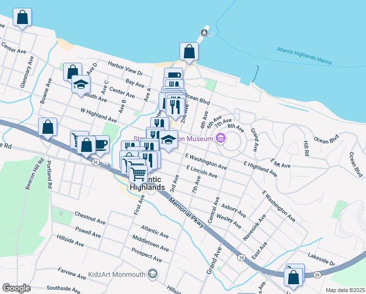 map of restaurants, bars, coffee shops, grocery stores, and more near 77 3rd Avenue in Atlantic Highlands
