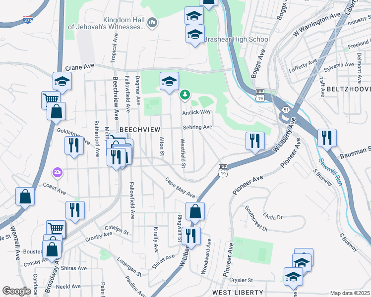 map of restaurants, bars, coffee shops, grocery stores, and more near 1519 Westfield Street in Pittsburgh