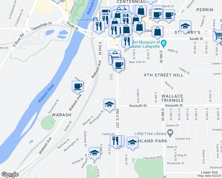 map of restaurants, bars, coffee shops, grocery stores, and more near 530 South 4th Street in Lafayette
