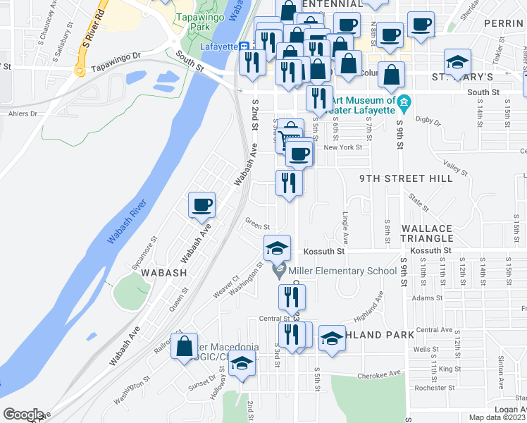 map of restaurants, bars, coffee shops, grocery stores, and more near 268 Green Street in Lafayette
