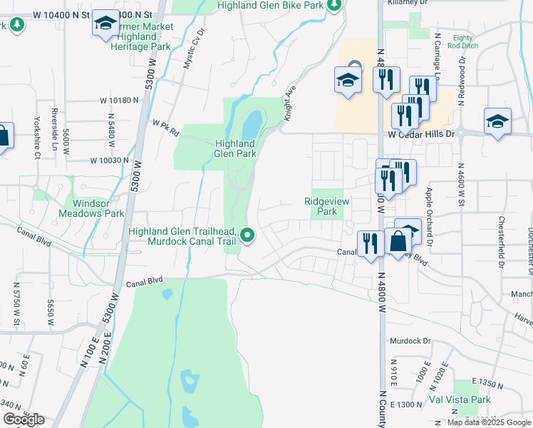 map of restaurants, bars, coffee shops, grocery stores, and more near 5093 Crimson Oak Lane in Highland
