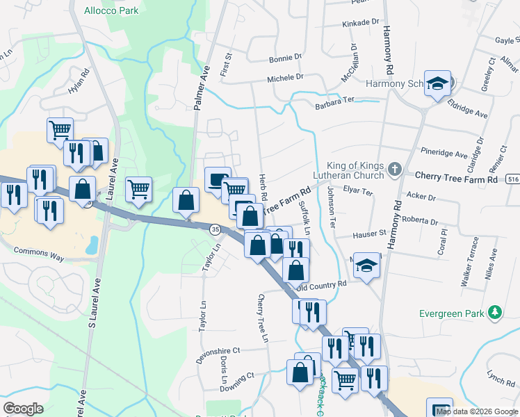 map of restaurants, bars, coffee shops, grocery stores, and more near 143 Cherry Tree Farm Road in Middletown Township