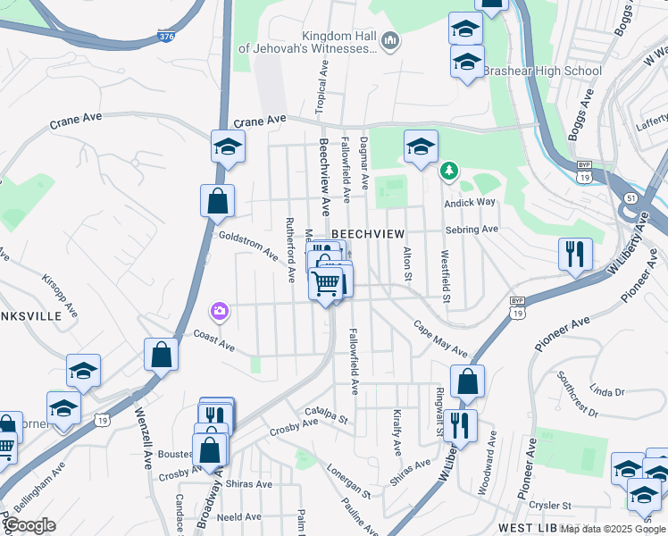 map of restaurants, bars, coffee shops, grocery stores, and more near 1527 Beechview Avenue in Pittsburgh