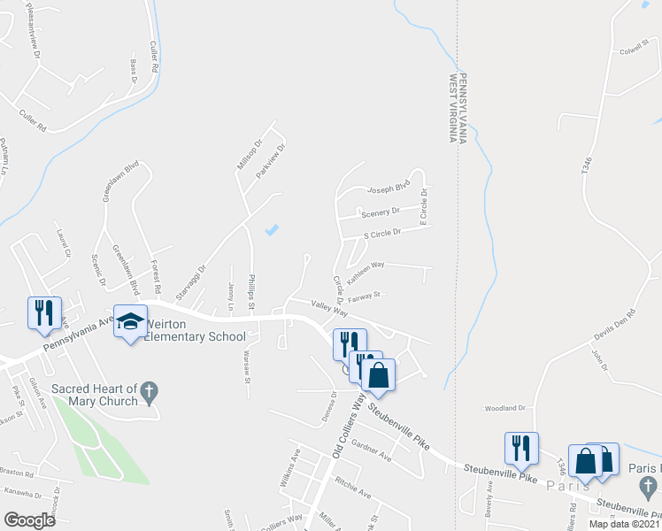 map of restaurants, bars, coffee shops, grocery stores, and more near 147 Circle Drive in Weirton