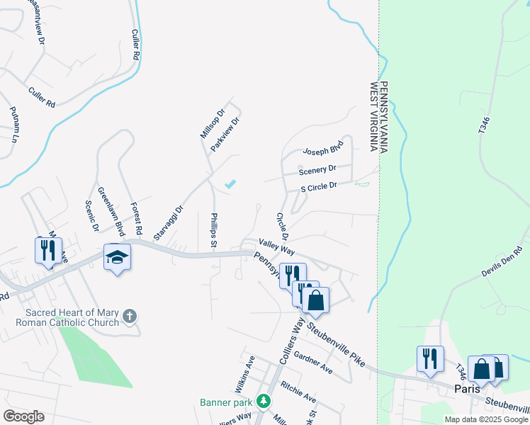 map of restaurants, bars, coffee shops, grocery stores, and more near 141 West Circle Drive in Weirton