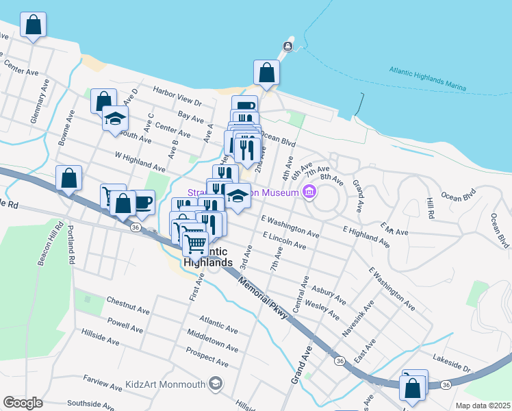 map of restaurants, bars, coffee shops, grocery stores, and more near 77 3rd Avenue in Atlantic Highlands