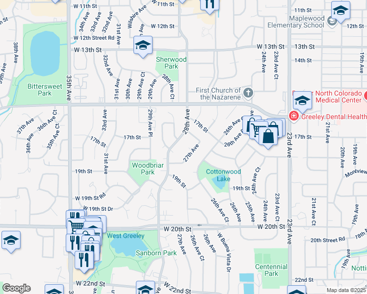 map of restaurants, bars, coffee shops, grocery stores, and more near 1746 28th Avenue in Greeley