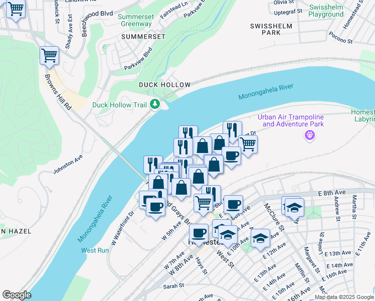 map of restaurants, bars, coffee shops, grocery stores, and more near 247 East Waterfront Drive in Homestead