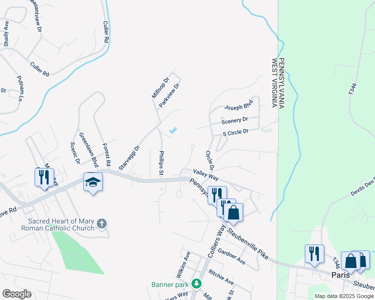 map of restaurants, bars, coffee shops, grocery stores, and more near 135 Harmon Avenue in Weirton