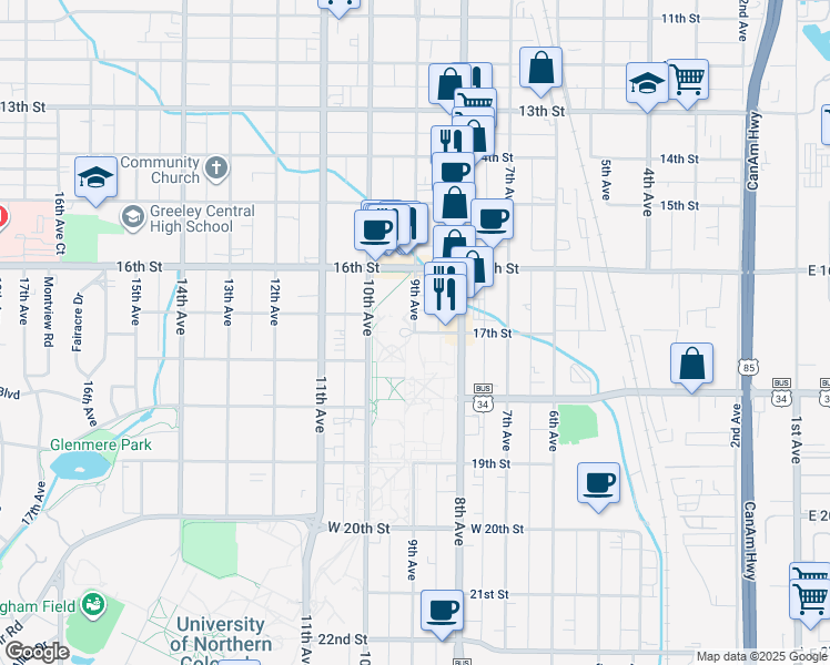 map of restaurants, bars, coffee shops, grocery stores, and more near 9th Avenue in Greeley