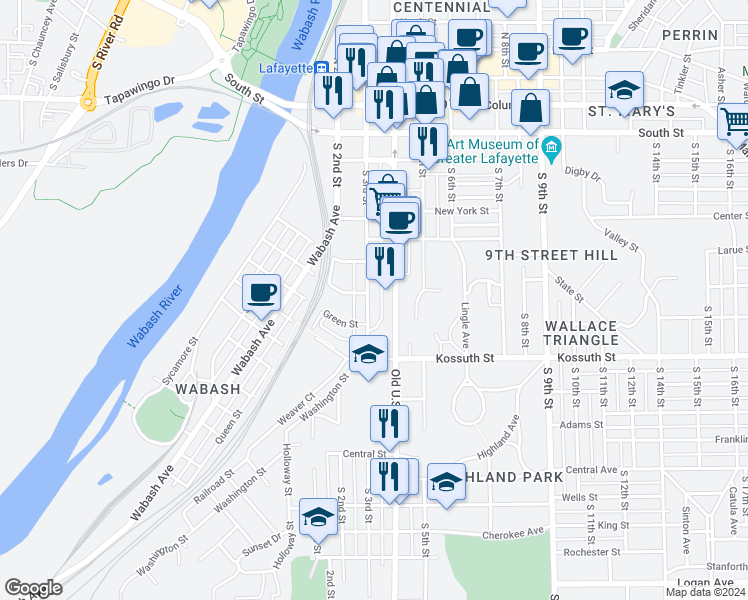 map of restaurants, bars, coffee shops, grocery stores, and more near 525 South 3rd Street in Lafayette