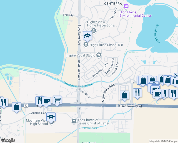 map of restaurants, bars, coffee shops, grocery stores, and more near 4036 Plum Creek Drive in Loveland