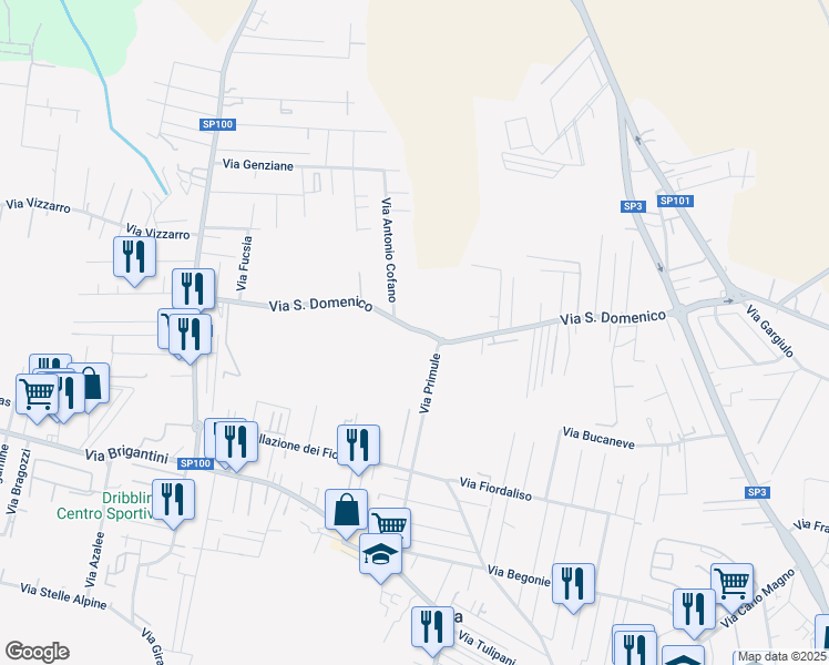 map of restaurants, bars, coffee shops, grocery stores, and more near 33 Via San Domenico in Taranto