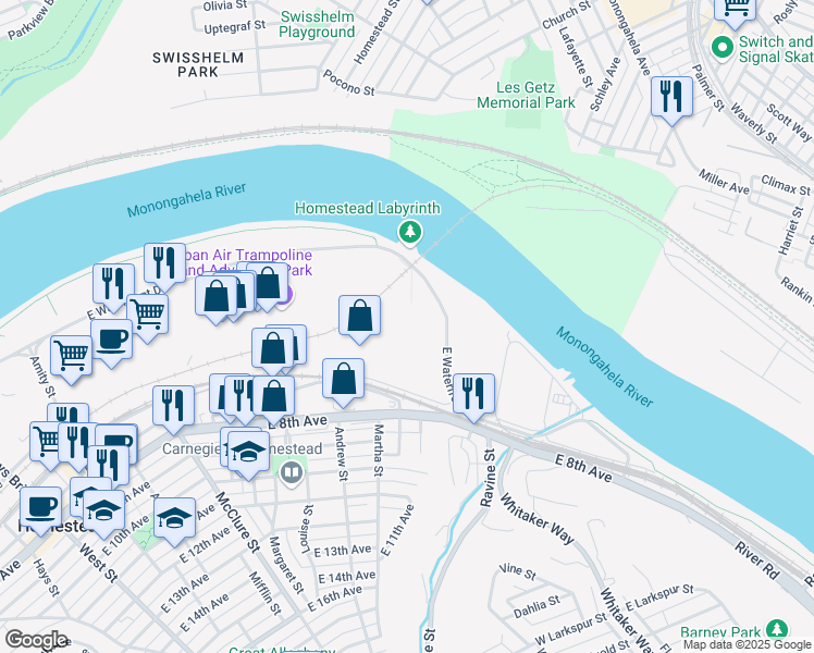 map of restaurants, bars, coffee shops, grocery stores, and more near 800 East Waterfront Drive in Munhall