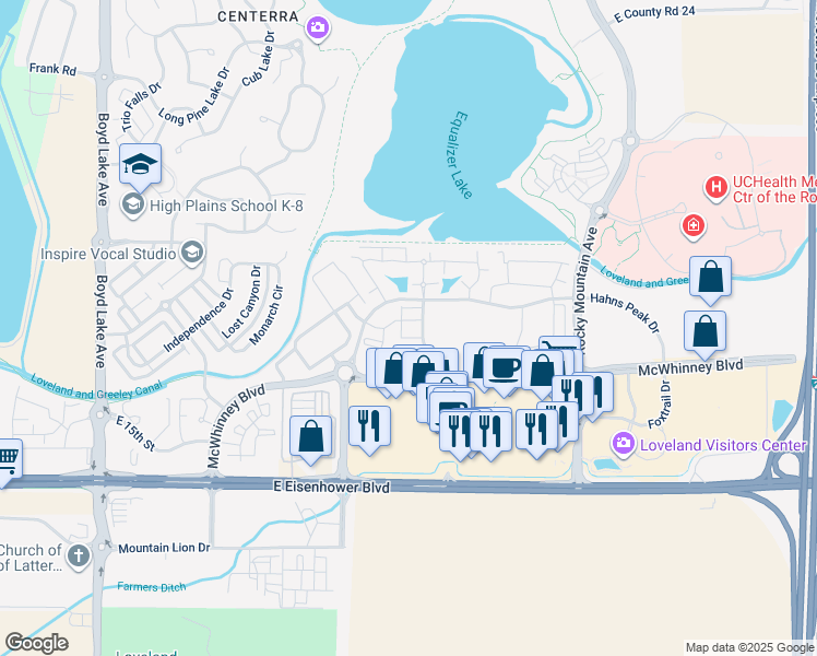 map of restaurants, bars, coffee shops, grocery stores, and more near 1875 Fall River Drive in Loveland