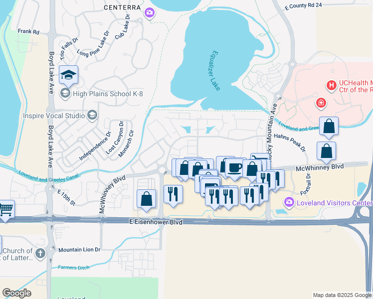 map of restaurants, bars, coffee shops, grocery stores, and more near 1875 Fall River Drive in Loveland
