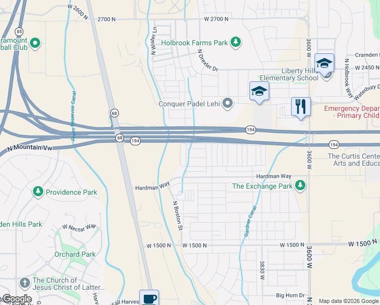 map of restaurants, bars, coffee shops, grocery stores, and more near West 2100 North in Lehi