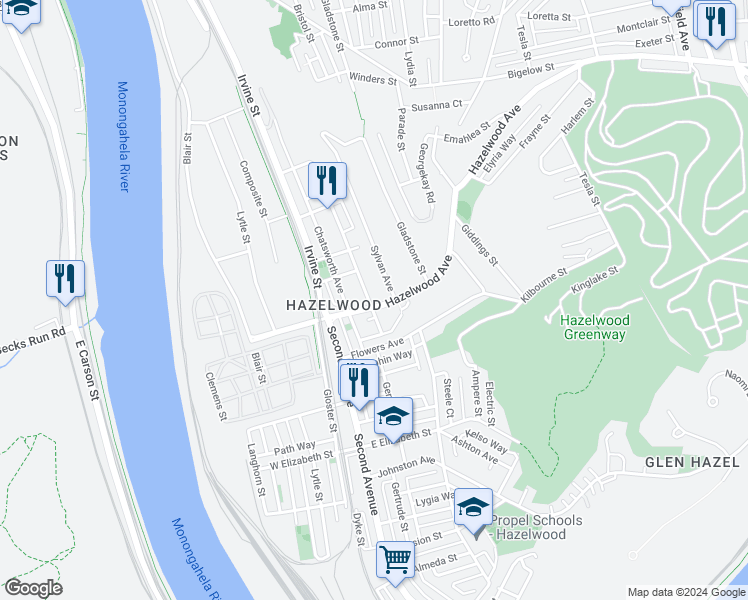 map of restaurants, bars, coffee shops, grocery stores, and more near 152 Hazelwood Avenue in Pittsburgh