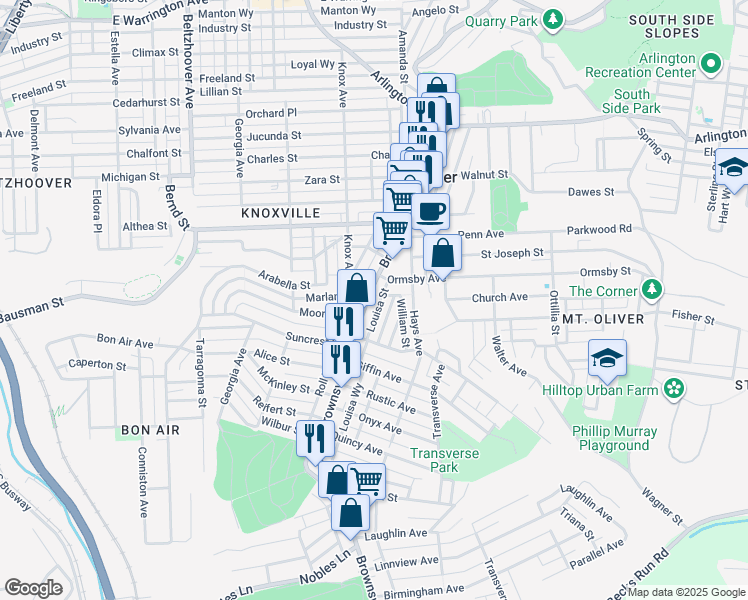 map of restaurants, bars, coffee shops, grocery stores, and more near 423 Carl Street in Pittsburgh