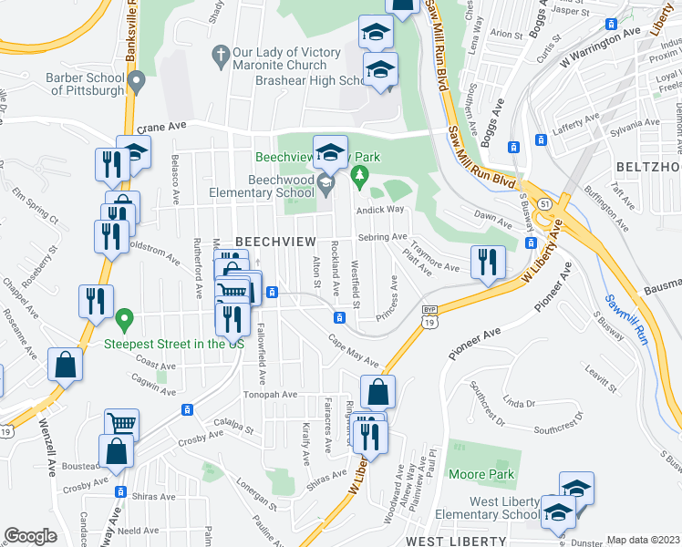 map of restaurants, bars, coffee shops, grocery stores, and more near 1520 Rockland Avenue in Pittsburgh