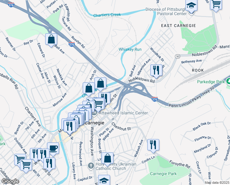 map of restaurants, bars, coffee shops, grocery stores, and more near 531 East Main Street in Carnegie
