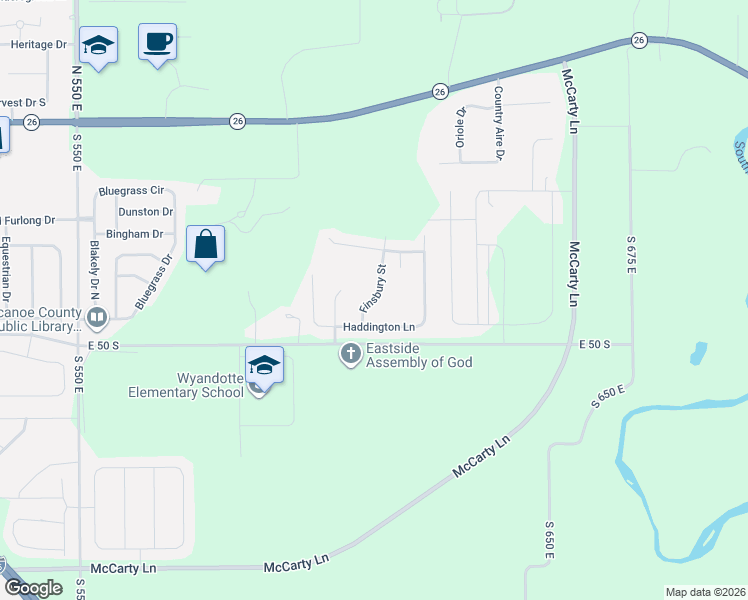 map of restaurants, bars, coffee shops, grocery stores, and more near 6121 East 50 South in Lafayette