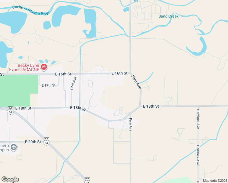 map of restaurants, bars, coffee shops, grocery stores, and more near 2400 East 16th Street in Greeley