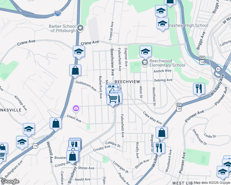 map of restaurants, bars, coffee shops, grocery stores, and more near 1532 Beechview Avenue in Pittsburgh