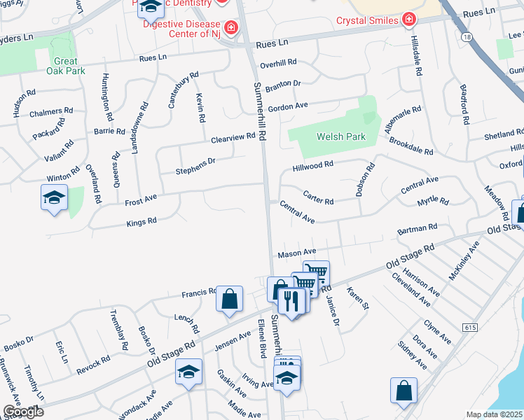 map of restaurants, bars, coffee shops, grocery stores, and more near 349 Summerhill Road in East Brunswick