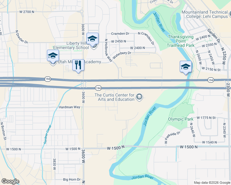 map of restaurants, bars, coffee shops, grocery stores, and more near West 2100 North in Lehi