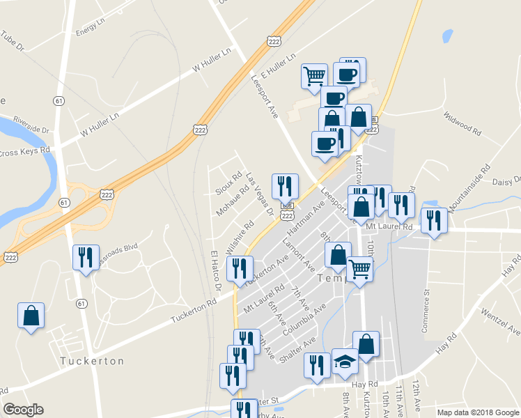 map of restaurants, bars, coffee shops, grocery stores, and more near 5216 Wilshire Road in Temple